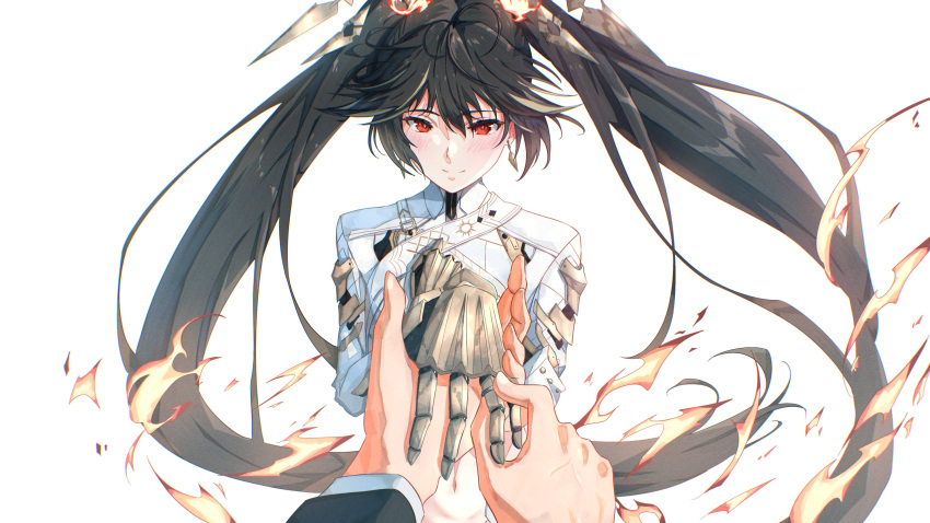1boy, 1girl, absurdres, blush, commandant_(pgr), earrings, fire, hair_between_eyes, hand_grab, highres, holding_hands, jewelry, long_hair, looking_at_viewer, lucia:_pyroath_(pgr), lucia_(pgr), mechanical_hands, midriff, navel, punishing:_gray_raven, red_eyes, ring, shidoni, simple_background, smile, twintails, wedding_ring, white_background