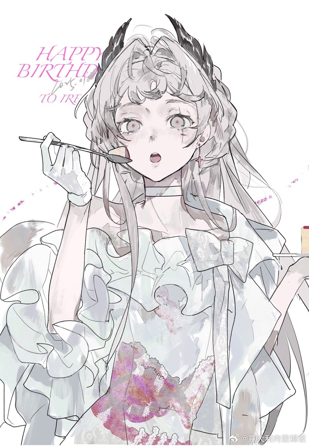 1girl, arknights, bow, cake, chinese_commentary, choker, commentary_request, cross_scar