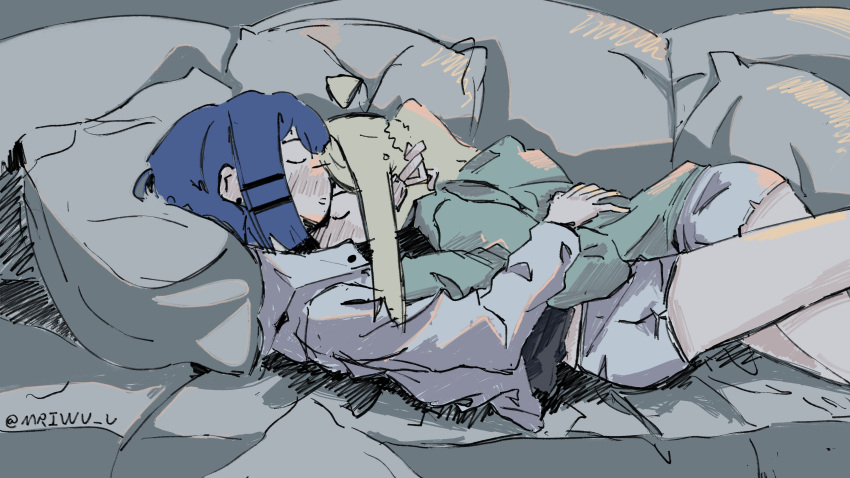 2girls, absurdres, ahoge, blonde_hair, blue_hair, bocchi_the_rock!, closed_eyes, closed_mouth