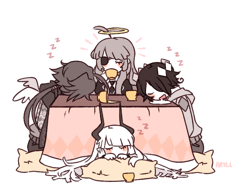 2boys, 2girls, alela_grora_(funamusea), angel, aryll_(marbles), black_hair, demon_girl, demon_horns