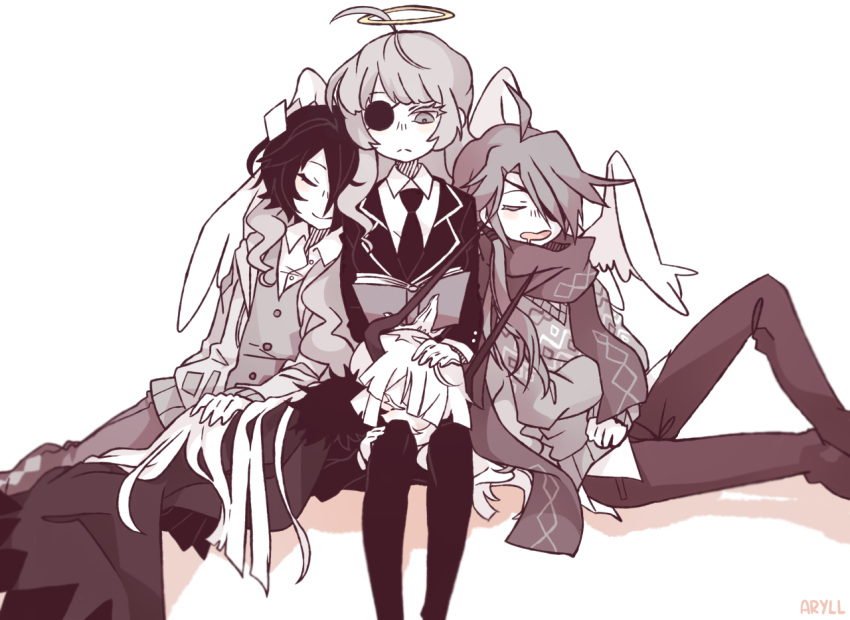 2boys, 2girls, alela_grora_(funamusea), angel, angel_wings, aryll_(marbles), black_hair, demon_girl