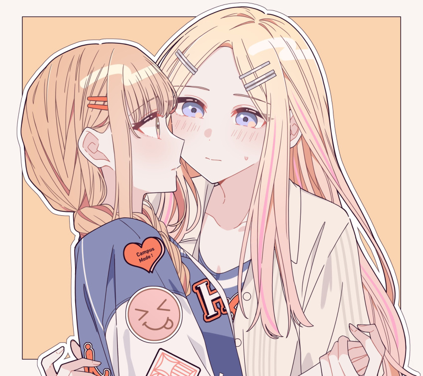 2girls, blonde_hair, blue_jacket, blush, border, brown_hair, closed_mouth, commentary