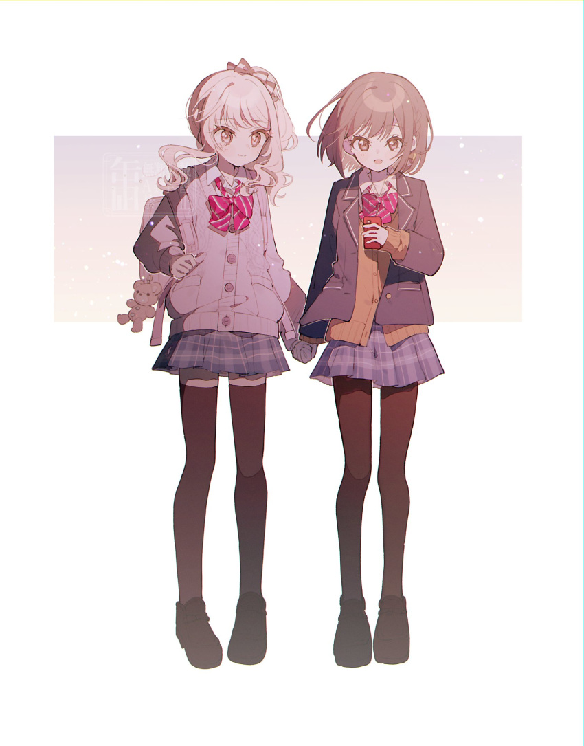 1girl, 1other, :d, akiyama_mizuki, animal_charm, backpack, bag, black_bow, black_footwear, black_jacket, black_pantyhose, black_thighhighs, blue_skirt, bob_cut, bow, bowtie, braid, brown_cardigan, brown_eyes, brown_hair, buttons, cable_knit, cardigan, charm_(object), chromatic_aberration, closed_mouth, collared_shirt, commentary_request, diagonal-striped_bow, diagonal-striped_bowtie, diagonal-striped_clothes, full_body, hair_bow, highres, holding, holding_hands, holding_phone, jacket, kamiyama_high_school_uniform_(project_sekai), kannagi6, lapels, layered_sleeves, light_particles, loafers, long_hair, long_sleeves, looking_at_another, looking_at_viewer, miniskirt, notched_lapels, open_clothes, open_jacket, open_mouth, pantyhose, phone, pink_eyes, pink_hair, plaid_clothes, plaid_skirt, pleated_skirt, project_sekai, puffy_long_sleeves, puffy_sleeves, purple_bag, purple_cardigan, red_bow, red_bowtie, school_uniform, shinonome_ena, shirt, shoes, short_hair, side_ponytail, sidelocks, simple_background, single_braid, skirt, sleeves_past_wrists, smile, standing, striped_clothes, tearing_up, thigh-highs, watermark, white_background, white_shirt, zettai_ryouiki