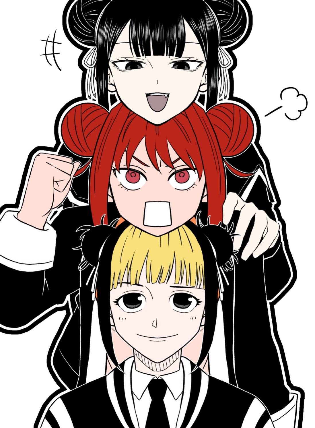 3girls, :d, :o, black_eyes, black_hair, black_necktie, blonde_hair, brown_eyes