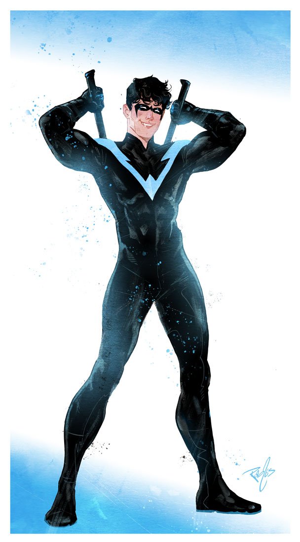 1boy, batman_(series), black_bodysuit, black_hair, black_mask, bodysuit, border, dc_comics, domino_mask, looking_at_viewer, male_focus, mask, nick_robles, nightwing, outside_border, short_hair, signature, solo, standing, weapon, weapon_on_back, white_border