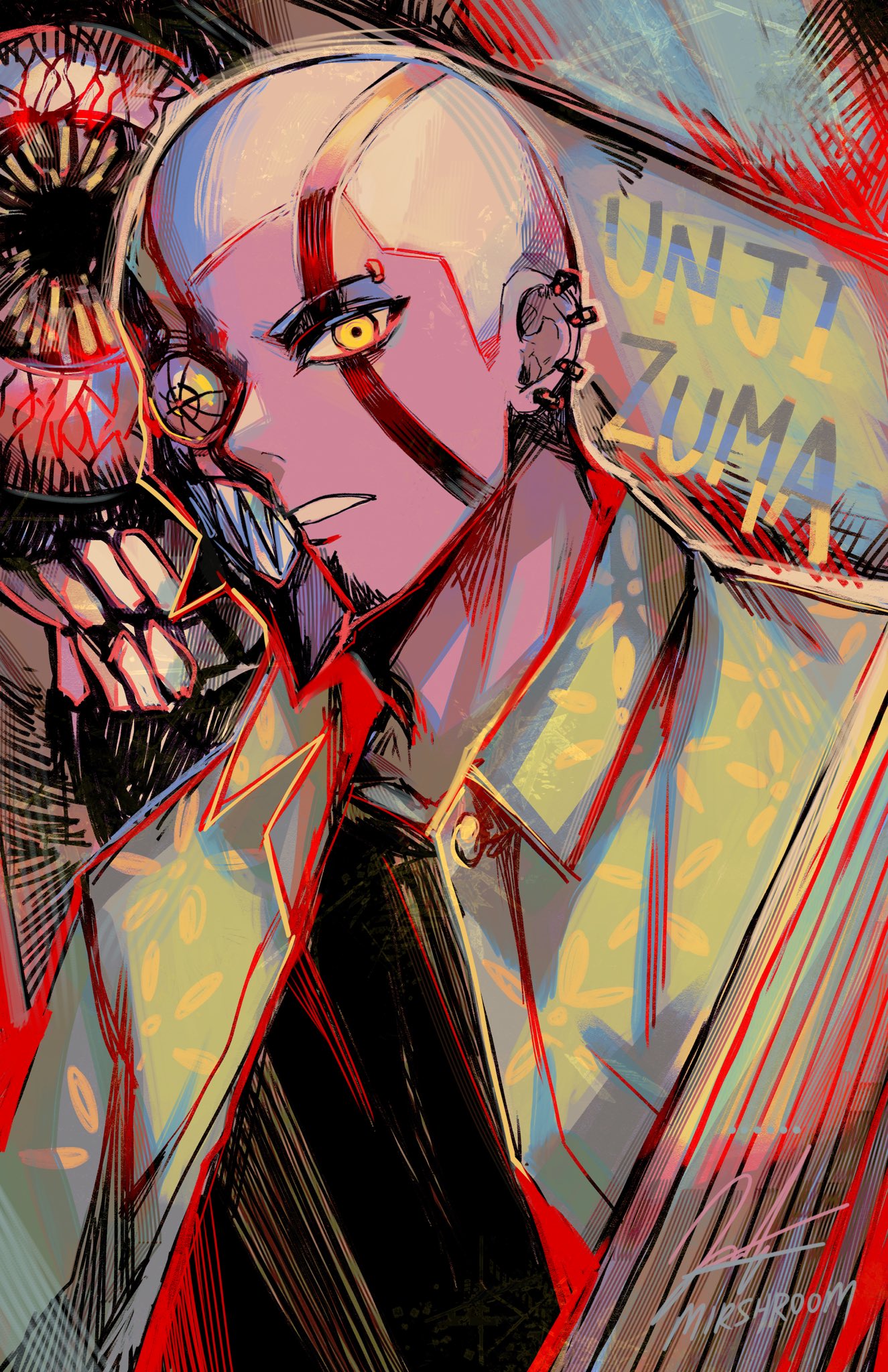 1boy, alternate_form, black_undershirt, character_name, commentary, dandadan, ear_piercing, earrings