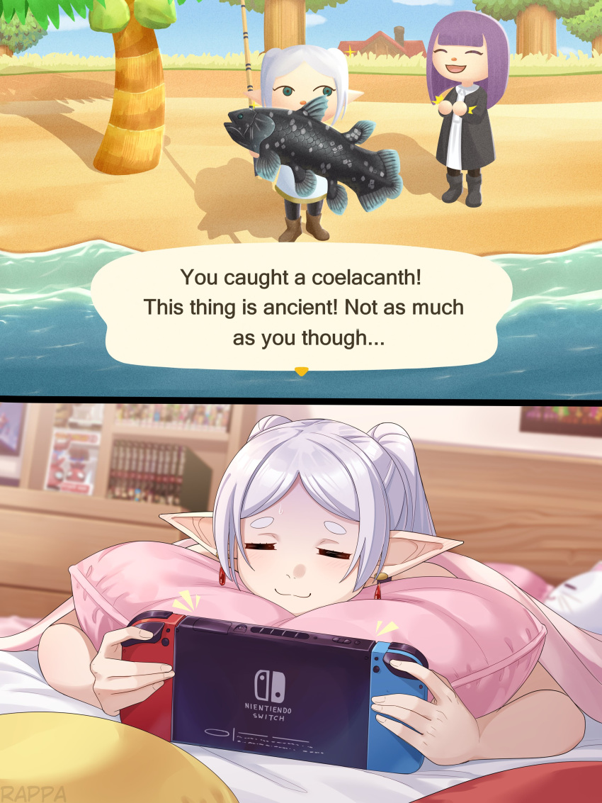 2girls, =_=, absurdres, animal_crossing, closed_eyes, coelacanth, commentary, fern_(sousou_no_frieren)