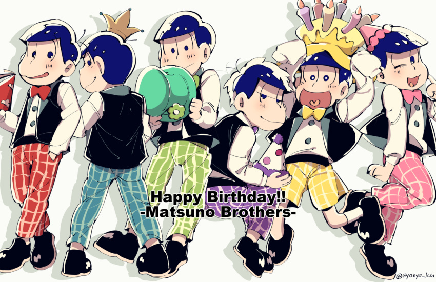 6+boys, adapted_costume, alternate_costume, ankle_socks, antenna_hair, aqua_hat, black_eyes, black_footwear