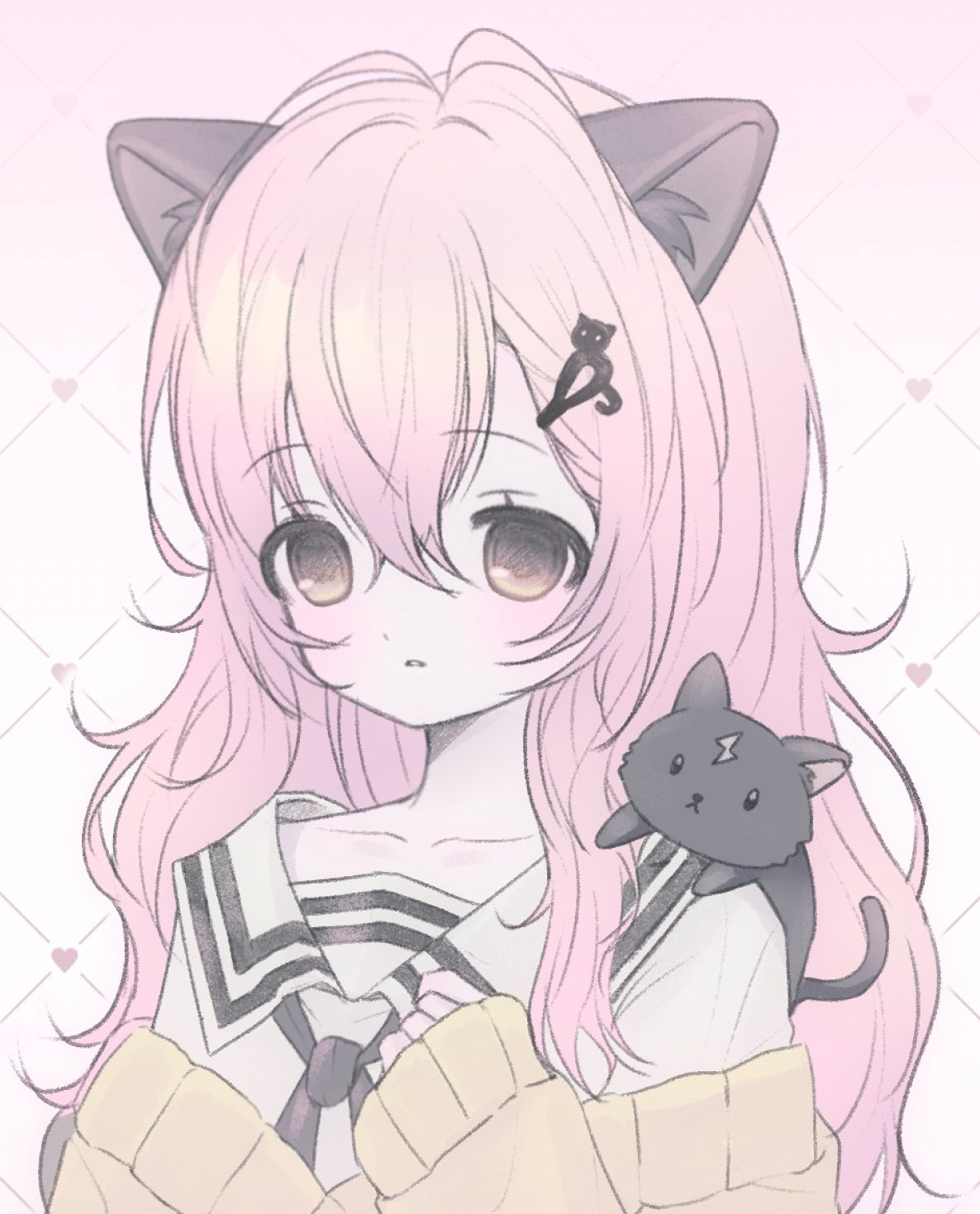 1girl, animal_ear_fluff, animal_ears, black_cat, black_neckerchief, cardigan, cat, cat_ears, cat_hair_ornament, collarbone, expressionless, fake_animal_ears, flat_chest, hair_between_eyes, hair_ornament, hairclip, highres, kimi_to_kanojo_to_kanojo_no_koi., light_blush, looking_at_viewer, messy_hair, mukou_aoi_(totono), neckerchief, off_shoulder, pale_skin, parted_lips, pink_background, pink_hair, sailor_collar, school_uniform, serafuku, single_sleeve_past_fingers, single_sleeve_past_wrist, sixxxdx, solo, upper_body, white_sailor_collar, white_serafuku, yellow_cardigan, yellow_eyes
