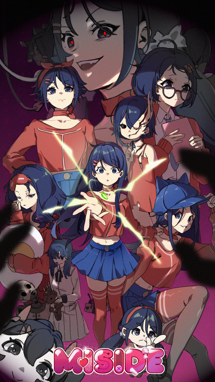 2d_mita_(miside), 6+girls, absurdres, baseball_cap, blue_hat, blue_skirt, chibi_mita_(miside), commentary