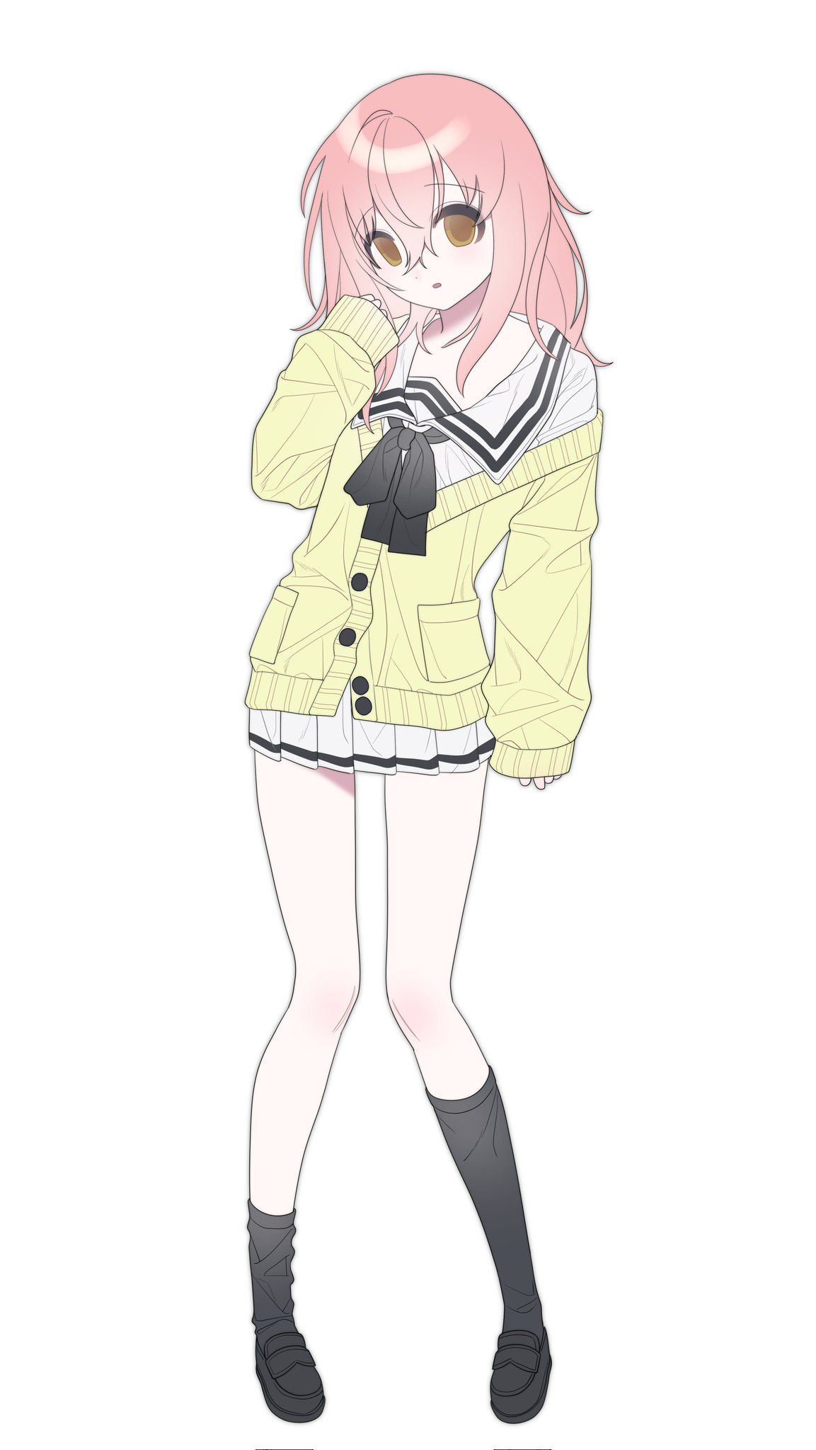 0_o_s_k, 1girl, asymmetrical_legwear, black_footwear, black_socks, brown_eyes, cardigan, expressionless