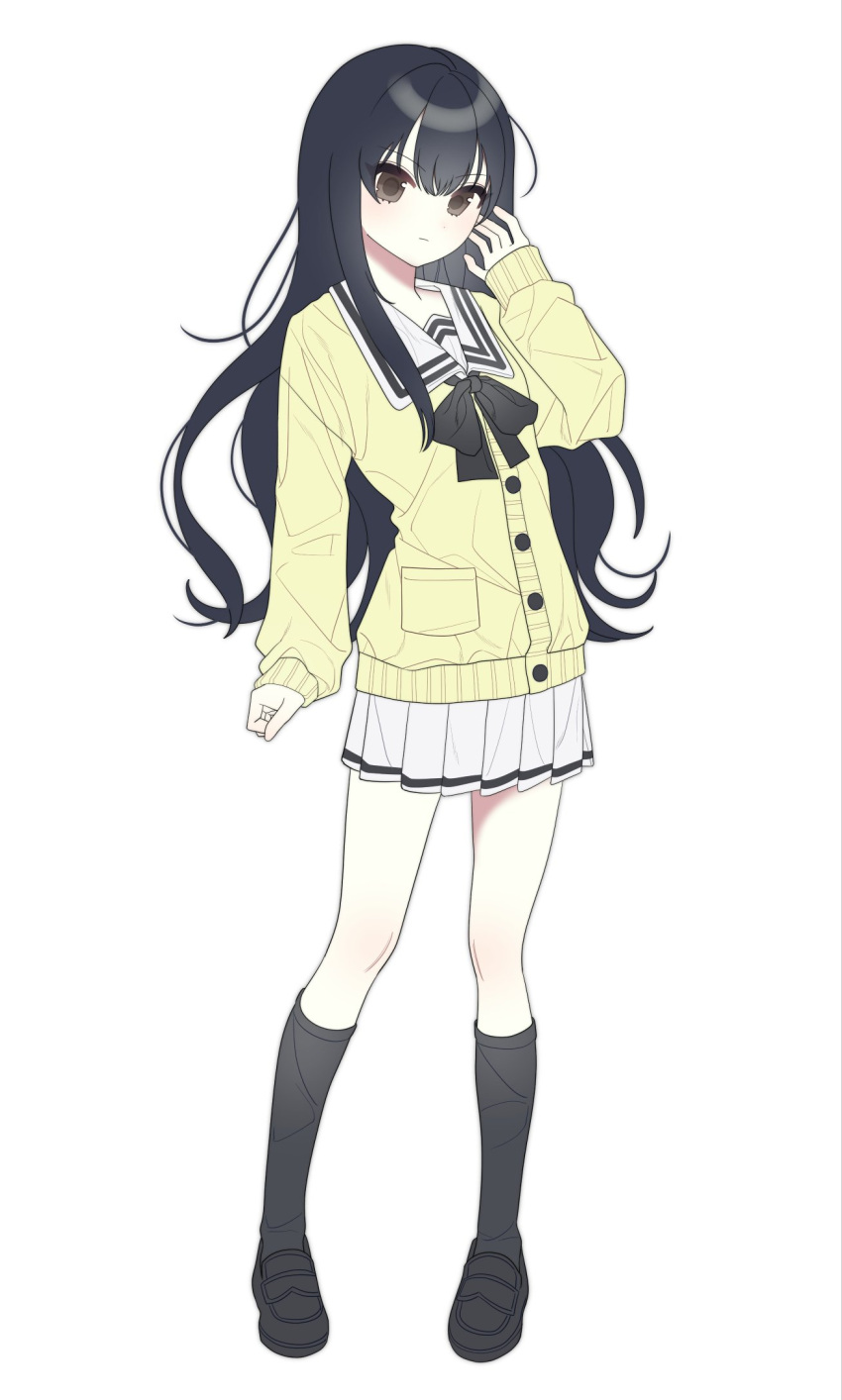 0_o_s_k, 1girl, black_footwear, black_hair, black_socks, brown_eyes, cardigan, closed_mouth
