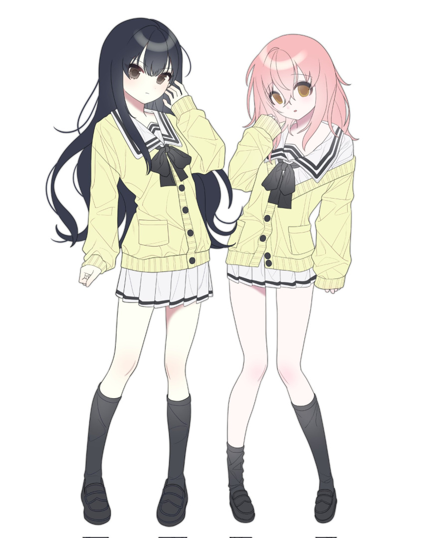 0_o_s_k, 2girls, asymmetrical_legwear, black_footwear, black_hair, black_socks, brown_eyes, cardigan