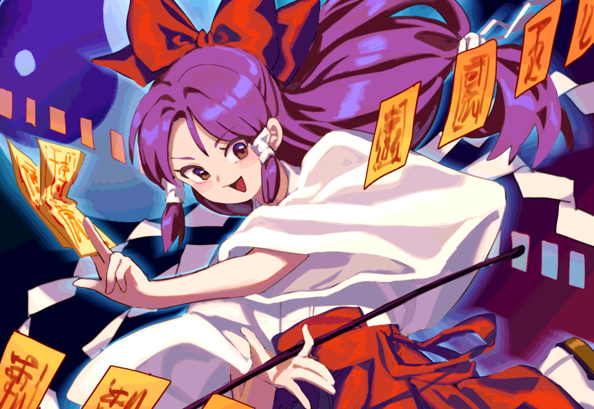 1girl, :d, bow, brown_eyes, brown_footwear, commentary_request, danmaku, gohei, hair_bow, hakama, hakama_pants, hakurei_reimu, hakurei_reimu_(pc-98), happy, highres, holding, holding_gohei, japanese_clothes, kimono, long_hair, long_sleeves, ofuda, orb, pants, purple_hair, red_bow, red_hakama, red_skirt, sandals, skirt, smile, socks, solo, touhou, touhou_(pc-98), tuck_(tuck23978434), very_long_hair, white_kimono, white_socks, wide_sleeves, yin_yang, yin_yang_orb