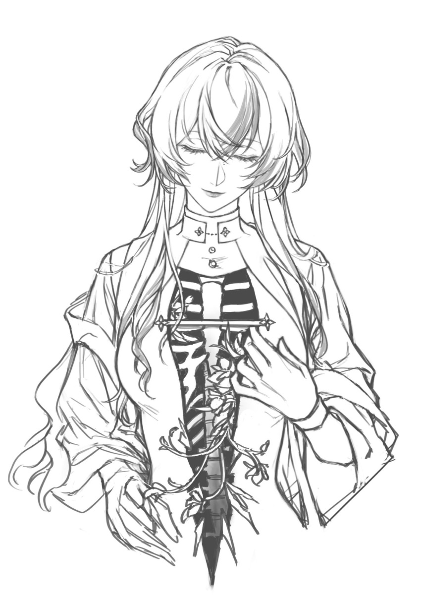 1girl, bone, center_opening, chinese_commentary, claireomills, closed_eyes, colored_tips, commentary