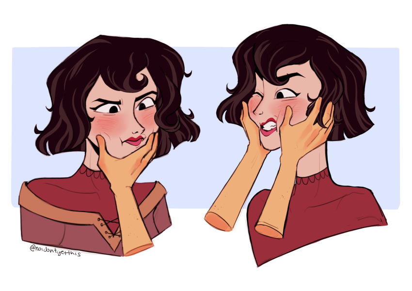 2girls, black_hair, blush, brown_shirt, cassandra_(tangled), hair_between_eyes, half-closed_eyes, hands_on_another's_face