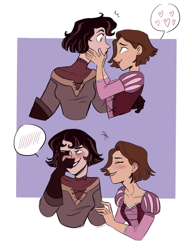 2girls, black_hair, blush, breasts, brown_hair, brown_shirt, cassandra_(tangled), closed_eyes