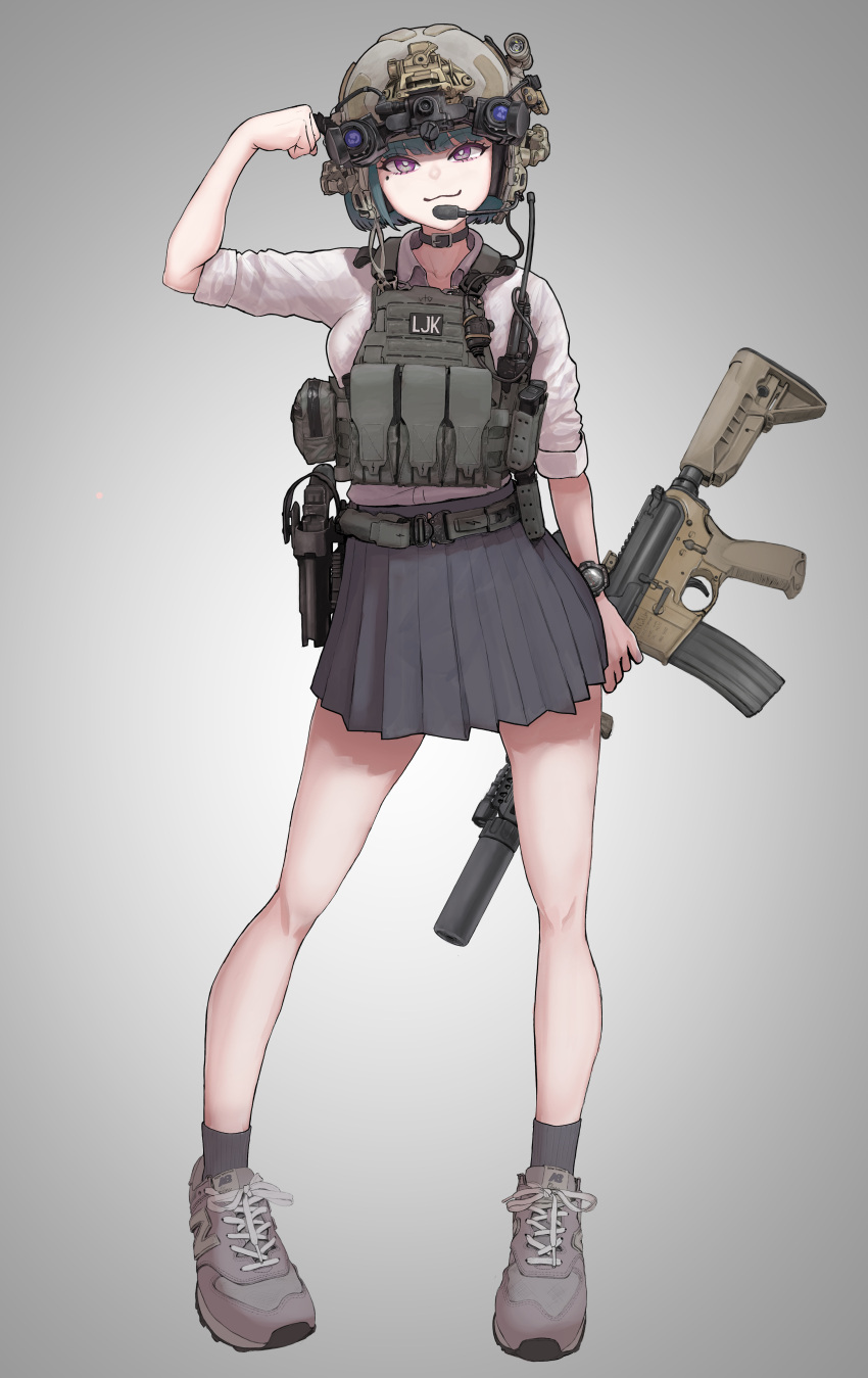 1girl, absurdres, ammunition_pouch, ar-15, arm_pump, arm_up, belt, black_skirt