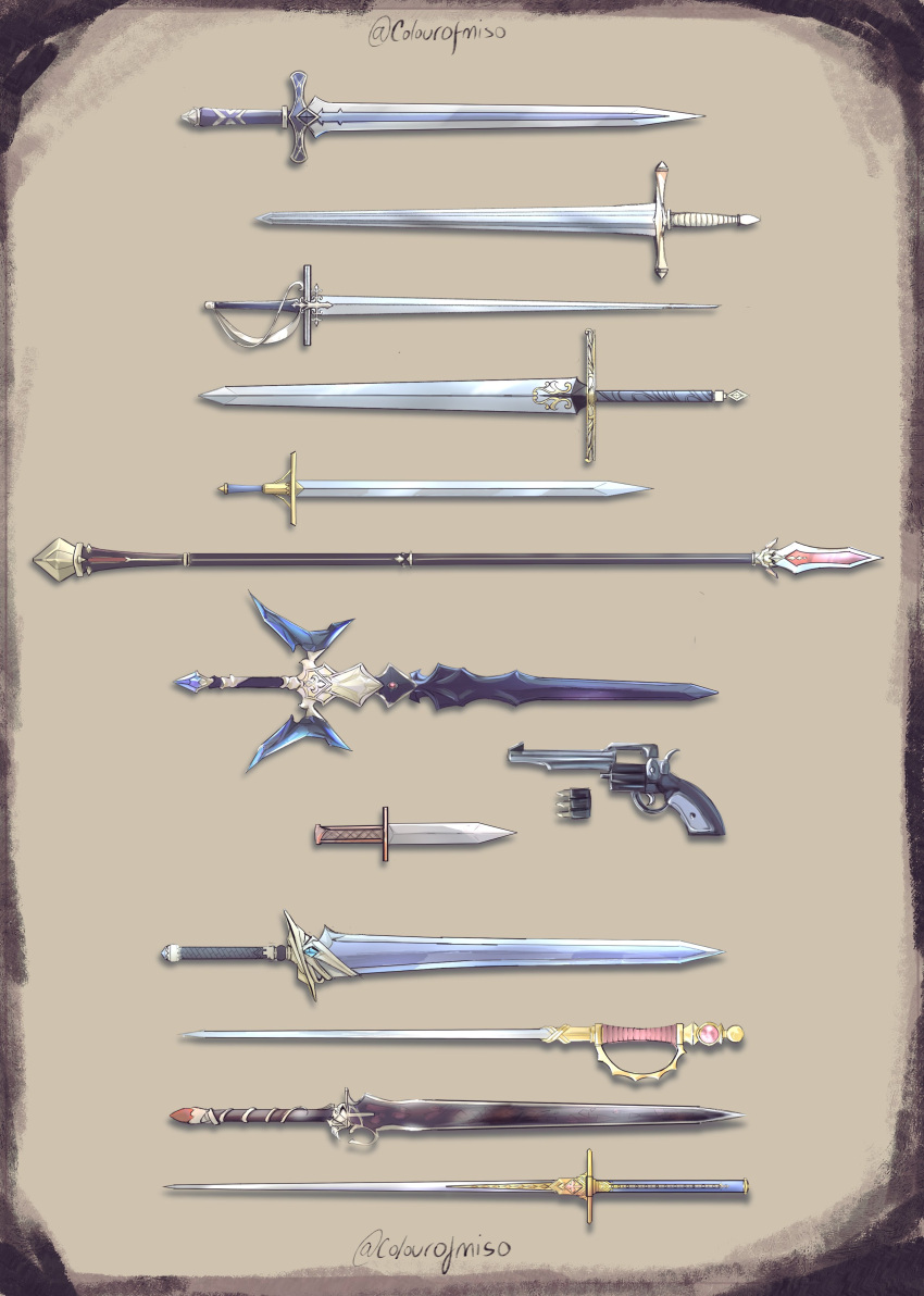 absurdres, artist_name, dagger, english_commentary, gun, highres, kaitou_shinshi_no_harahara!?_white_day_(project_sekai), knife
