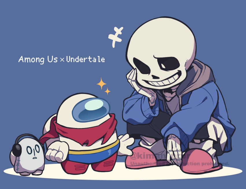 +++, 1boy, among_us, black_headphones, black_pants, blue_background, blue_jacket, boots