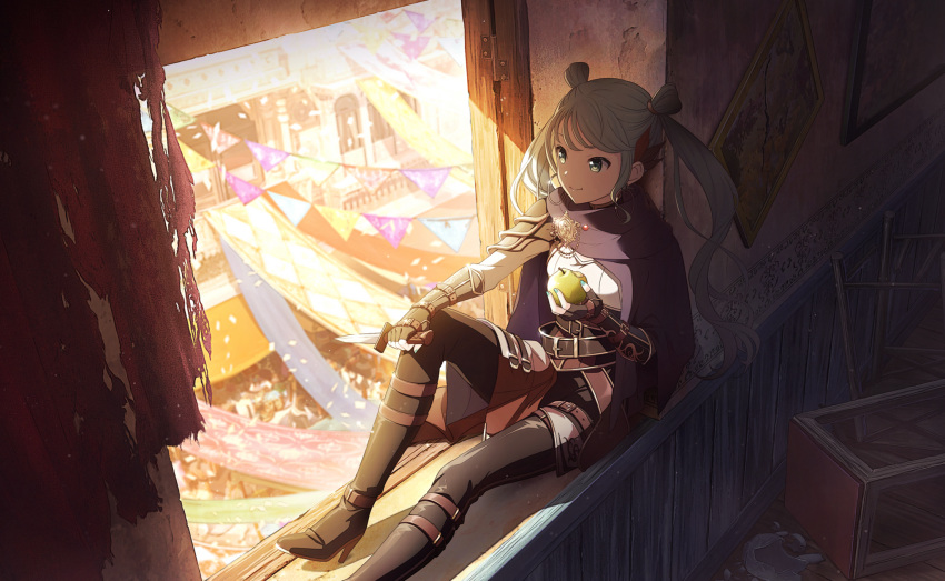 1girl, apple, armor, banner, black_capelet, black_pants, capelet, colorful_palette