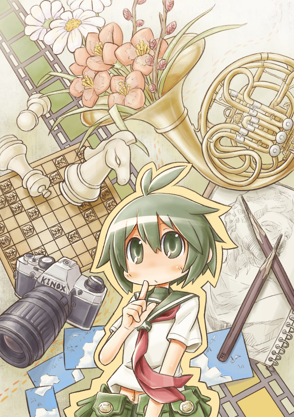 chess_piece, finger_to_mouth, flower, french_horn, gakuen_kino, green_eyes, green_hair, gunjima_souichirou
