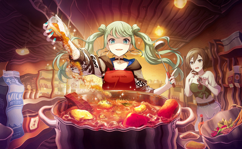 2girls, apple, apron, aqua_nails, black_choker, black_hoodie, boiling, bowl, candy, carrot, ceiling_light, chalkboard, chocolate, chocolate_bar, choker, colorful_palette, cooking_pot, denim, earrings, food, fruit, game_cg, green_eyes, grey_pants, hair_rings, hatsune_miku, heat_haze, highres, holding, holding_bowl, hood, hoodie, hotpot, jeans, jewelry, kitchen, looking_at_another, meiko_(vocaloid), milk_carton, multiple_girls, necklace, never_give_up_cooking!_(project_sekai), official_art, open_mouth, pants, project_sekai, red_apron, red_nails, shaded_face, shelf, smile, sparkle, sweat, sweatdrop, text_print, third-party_source, twintails, unworn_eyewear, vivid_bad_squad_meiko, vivid_bad_squad_miku, vocaloid, worried