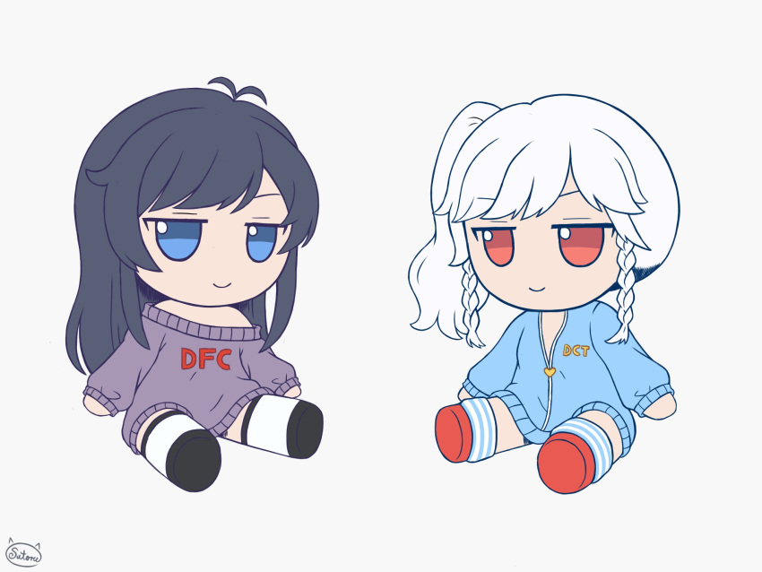 2girls, albino, artsatoru19, bare_legs, black_hair, blue_eyes, commission, dct-tan