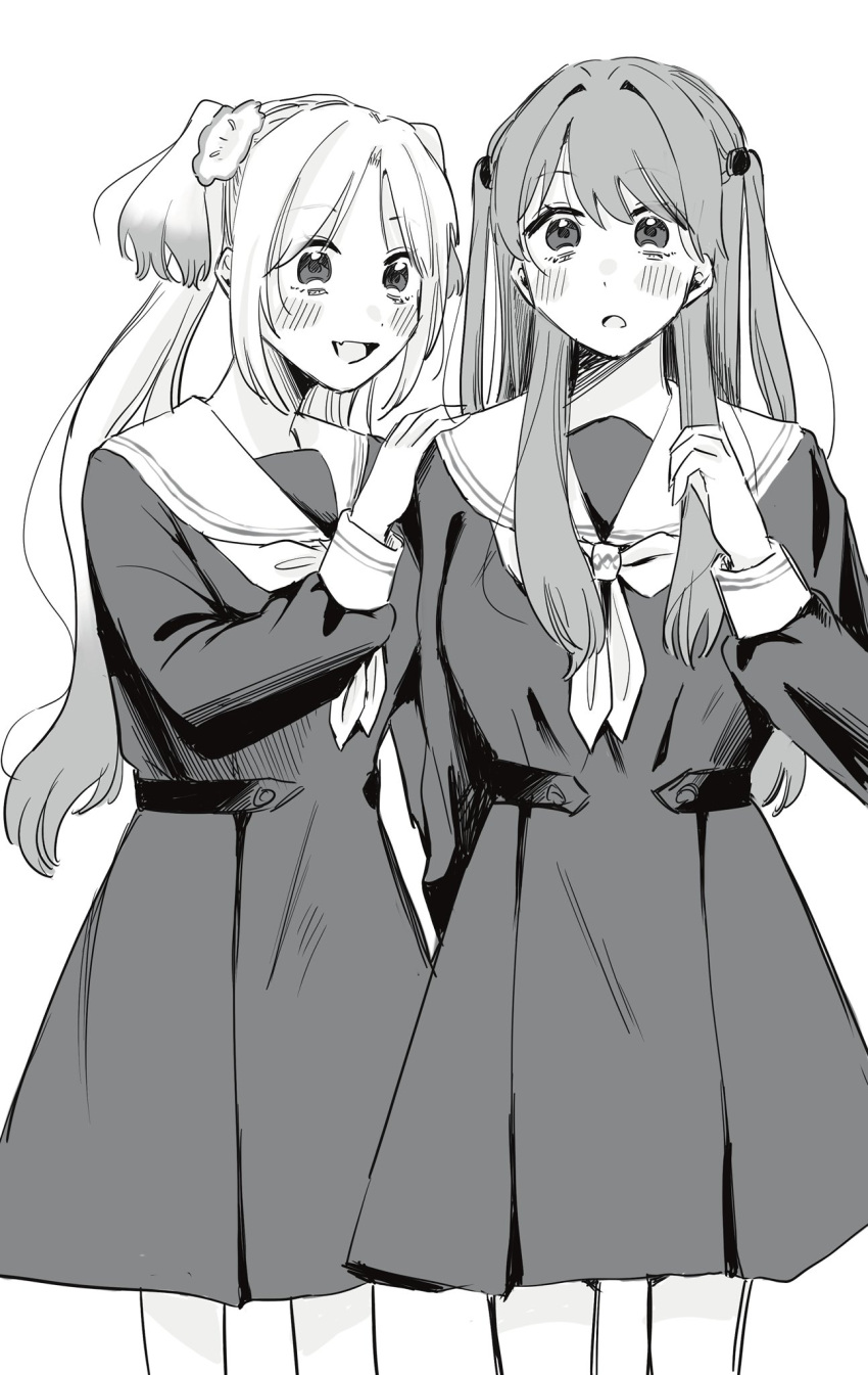 2girls, :d, blush, dress, fang, flower, fujishima_megumi, gradient_hair
