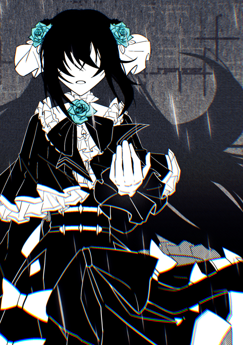 1girl, aqua_flower, aqua_rose, arcaea, dress, dress_flower, eternalcompass, flower