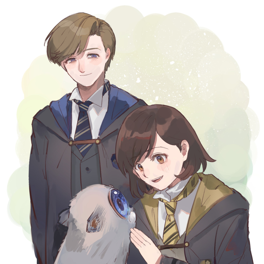 1boy, 1girl, black_hair, black_robe, blonde_hair, blue_eyes, blue_necktie, blush, brown_eyes, closed_mouth, commentary_request, creature, highres, hogwarts_legacy, hogwarts_school_uniform, hood, hood_down, hooded_robe, hufflepuff, jikkentai_(zol8529), looking_at_another, mooncalf, necktie, open_mouth, poppy_sweeting, protagonist_(hogwarts_legacy), ravenclaw, robe, school_uniform, shirt, short_hair, simple_background, swept_bangs, white_shirt, wizarding_world, yellow_necktie