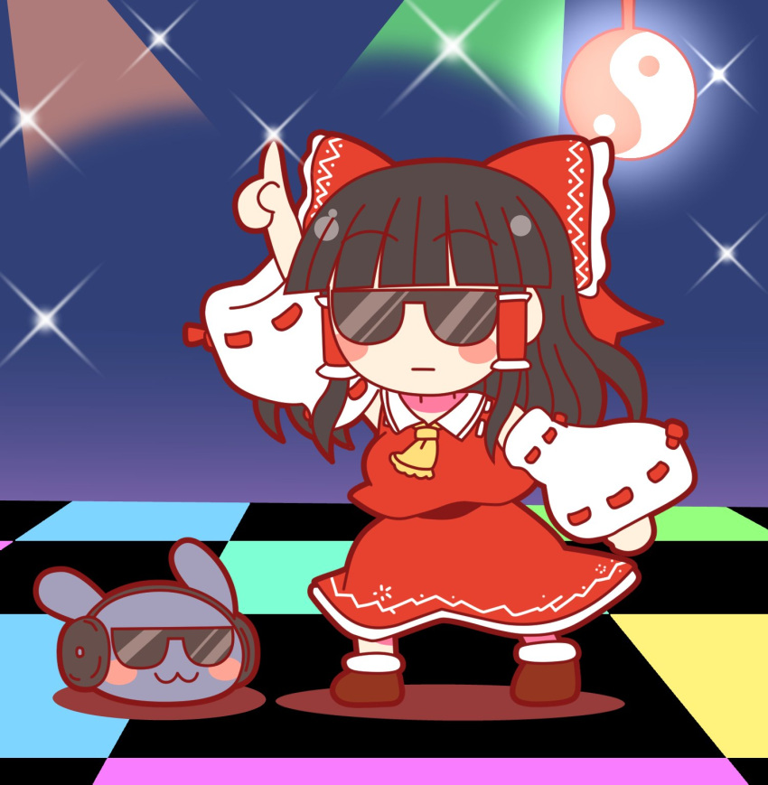 1girl, arm_up, ascot, black_hair, blunt_bangs, blush_stickers, bow, brown_footwear