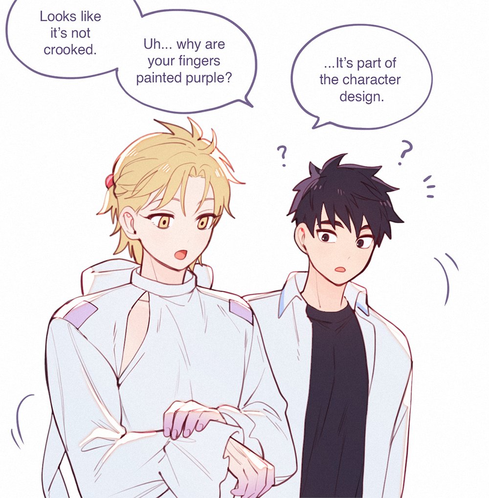 2boys, ?, alien_stage, baek_eunyung, black_eyes, black_hair, black_shirt, blonde_hair, clothing_cutout, colored_extremities, commentary, cosplay, english_commentary, english_text, goh_haejoon, long_sleeves, luka_(alien_stage), luka_(alien_stage)_(cosplay), male_focus, multiple_boys, natural_wind, no_home_(manhwa), notice_lines, open_mouth, shirt, short_hair, simple_background, speech_bubble, very_short_hair, white_background, white_shirt, yellow_eyes