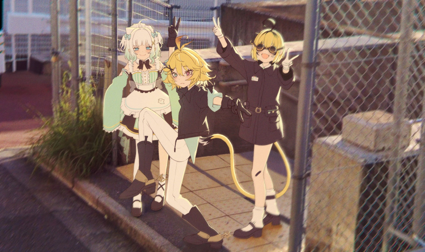 3girls, ahoge, antenna_hair, apron, arm_up, asymmetrical_legwear, black_bow, black_bowtie