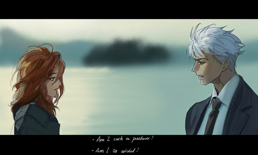 1boy, 1girl, absurdres, archer_(fate), black_jacket, black_necktie, black_suit, blurry