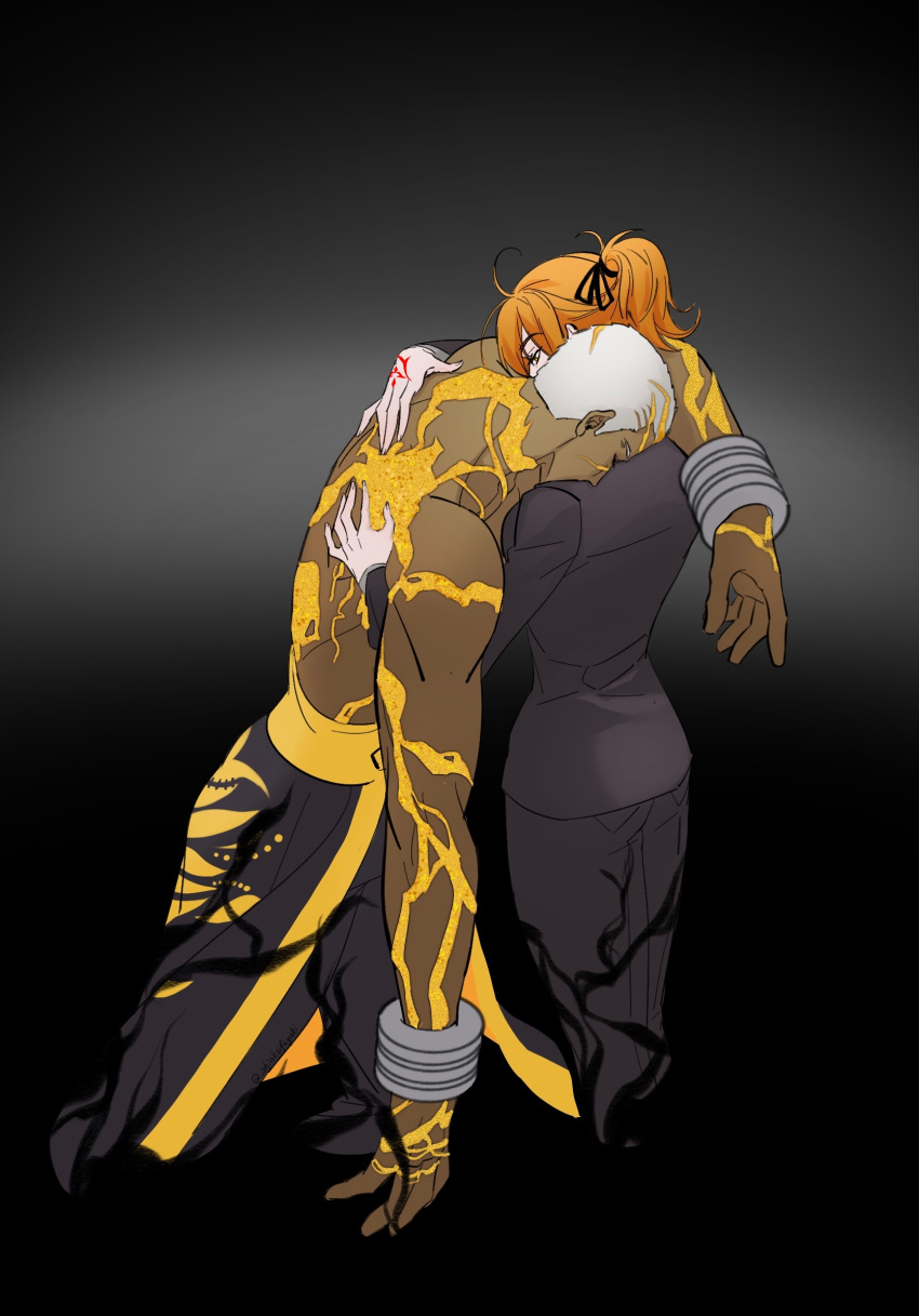 1boy, 1girl, black_jacket, black_pants, black_suit, chinese_commentary, colored_skin, commentary_request, cuffs, dark-skinned_male, dark_skin, darkness, emiya_alter, emiya_alter_(third_ascension)_(fate), fate/grand_order, fate_(series), fujimaru_ritsuka_(female), fujimaru_ritsuka_(female)_(royal_brand), hair_ribbon, height_difference, highres, hug, jacket, multicolored_skin, orange_hair, pants, ponytail, ribbon, shackles, shinkaifuyuki, suit, topless_male, two-tone_skin, white_hair, yellow_skin