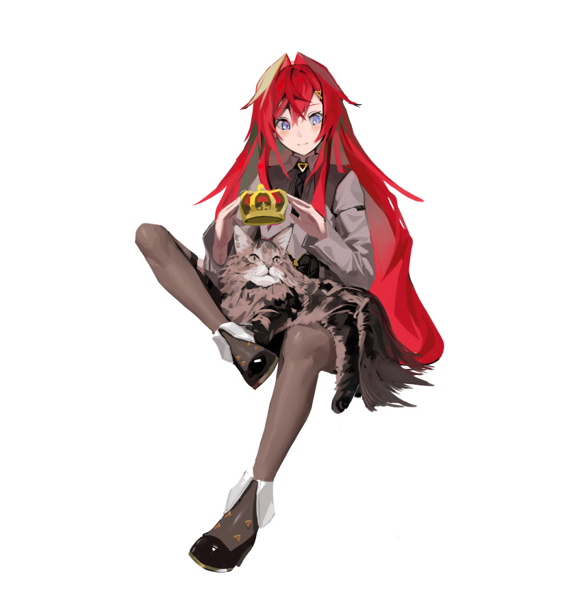 1girl, absurdres, ange_katrina, ange_katrina_(4th_costume), animal_on_lap, arched_crown, black_footwear, black_necktie