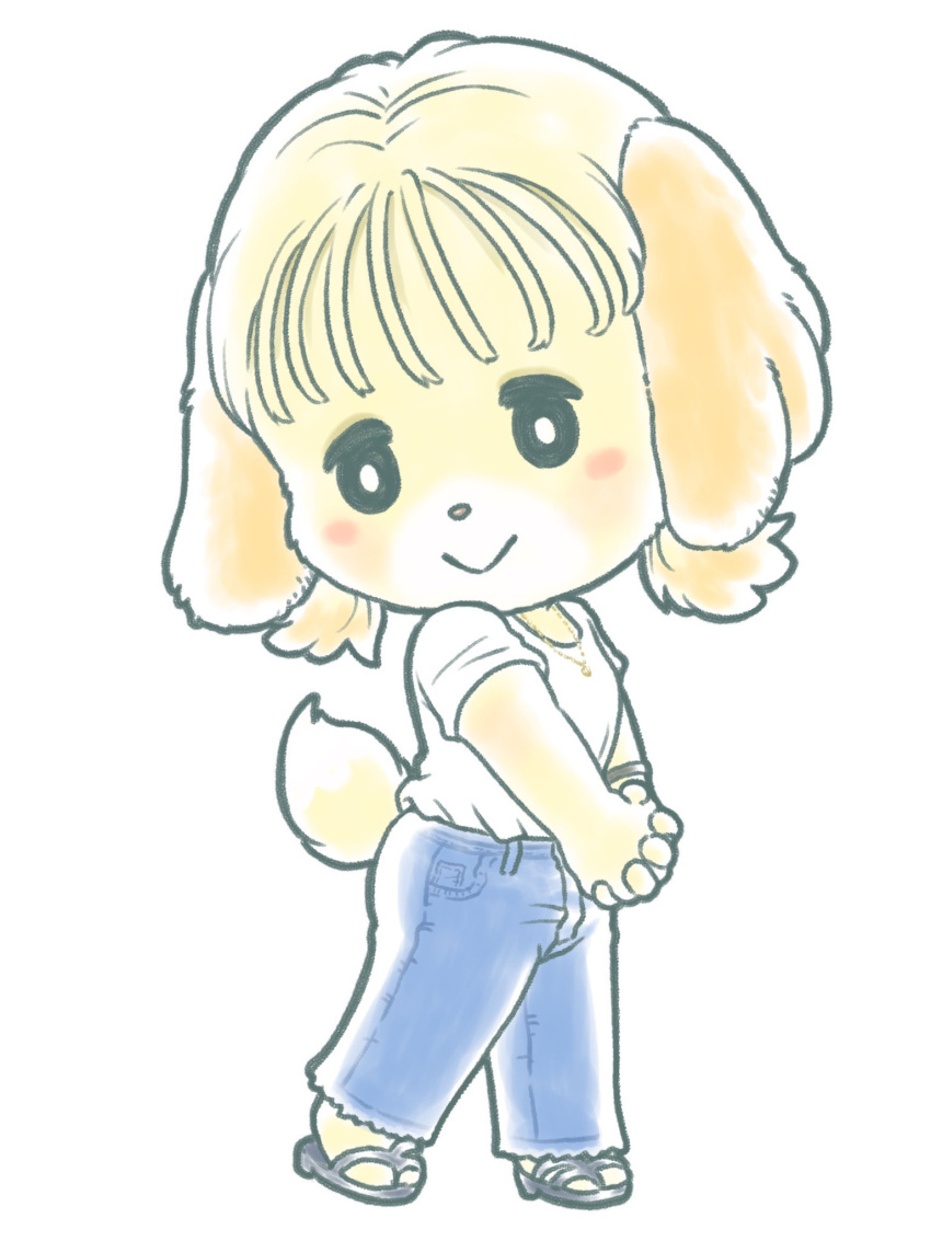 1girl, alternate_hairstyle, animal_crossing, animal_ears, blonde_hair, blush, denim, dog_ears