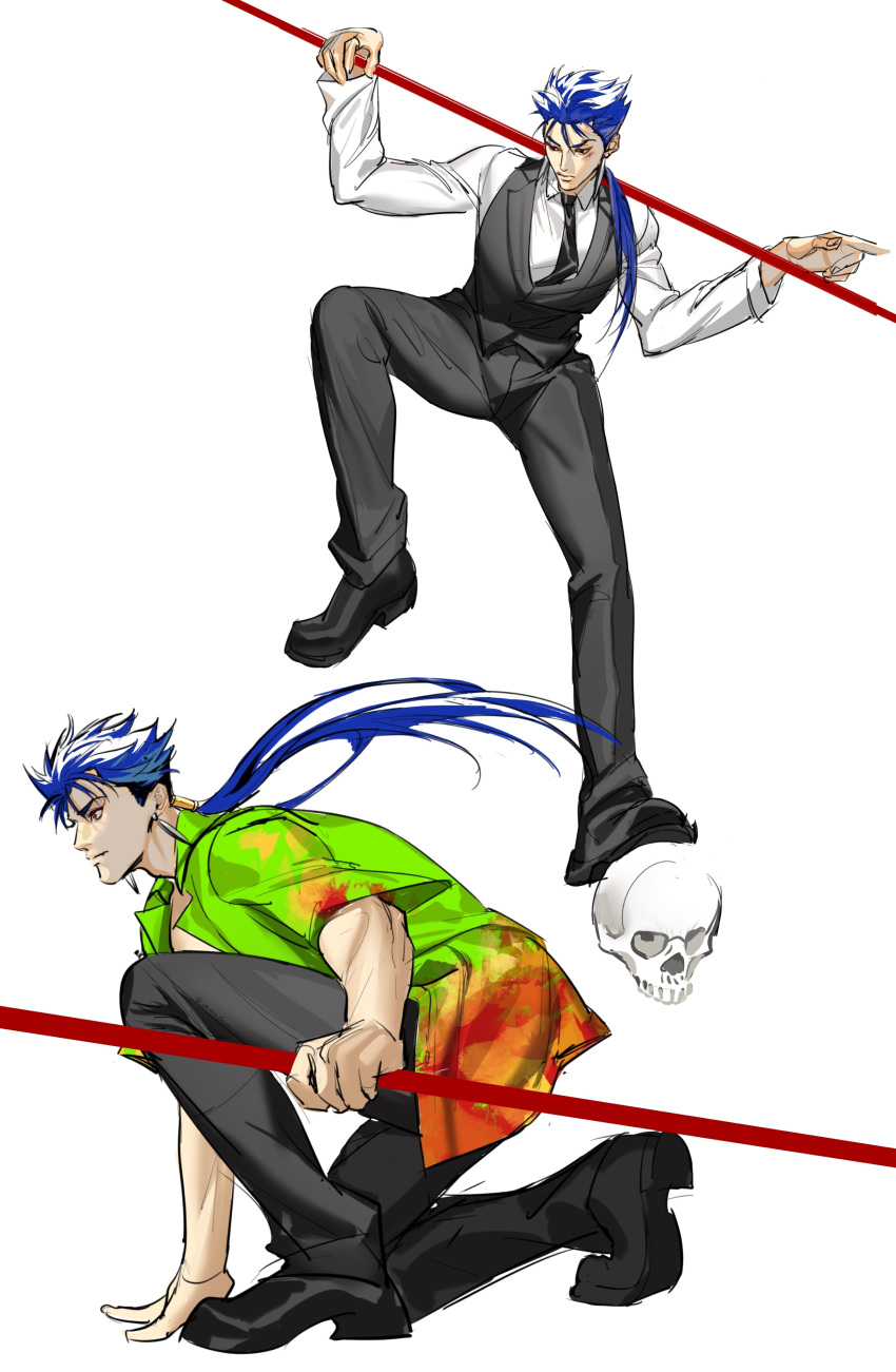 2boys, absurdres, alternate_costume, black_necktie, black_pants, black_vest, blue_eyes, commentary