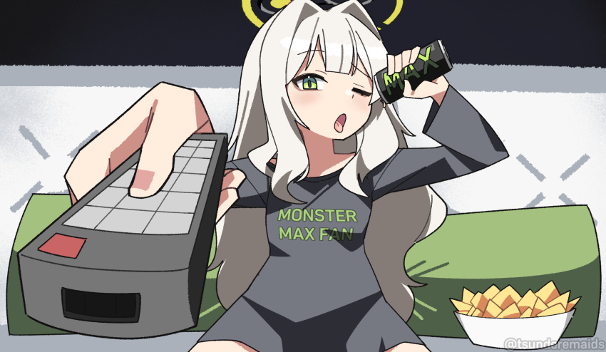 1girl, blue_archive, bottle, chips_(food), commentary, controller, couch, drinking