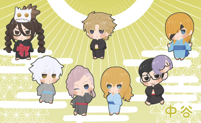 2girls, 5boys, akuta_hinako, alternate_costume, alternate_hairstyle, beryl_gut, black-framed_eyewear, black_eyes