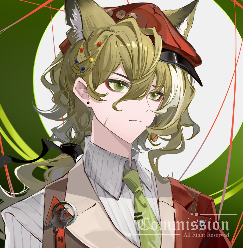 1boy, absurdres, animal_ears, arknights, arm_out_of_sleeve, brown_vest, closed_mouth, commission, curly_hair, extra_ears, fanxiang_kafeiyin, figurino_(arknights), green_background, green_eyes, green_hair, green_necktie, hair_between_eyes, hat, highres, jacket, long_hair, looking_ahead, low_ponytail, male_focus, necktie, pinstripe_pattern, pinstripe_shirt, red_hat, red_jacket, shirt, solo, striped_clothes, striped_shirt, upper_body, vertical-striped_clothes, vertical-striped_shirt, vest, waistcoat, watermark, white_shirt, wolf_ears