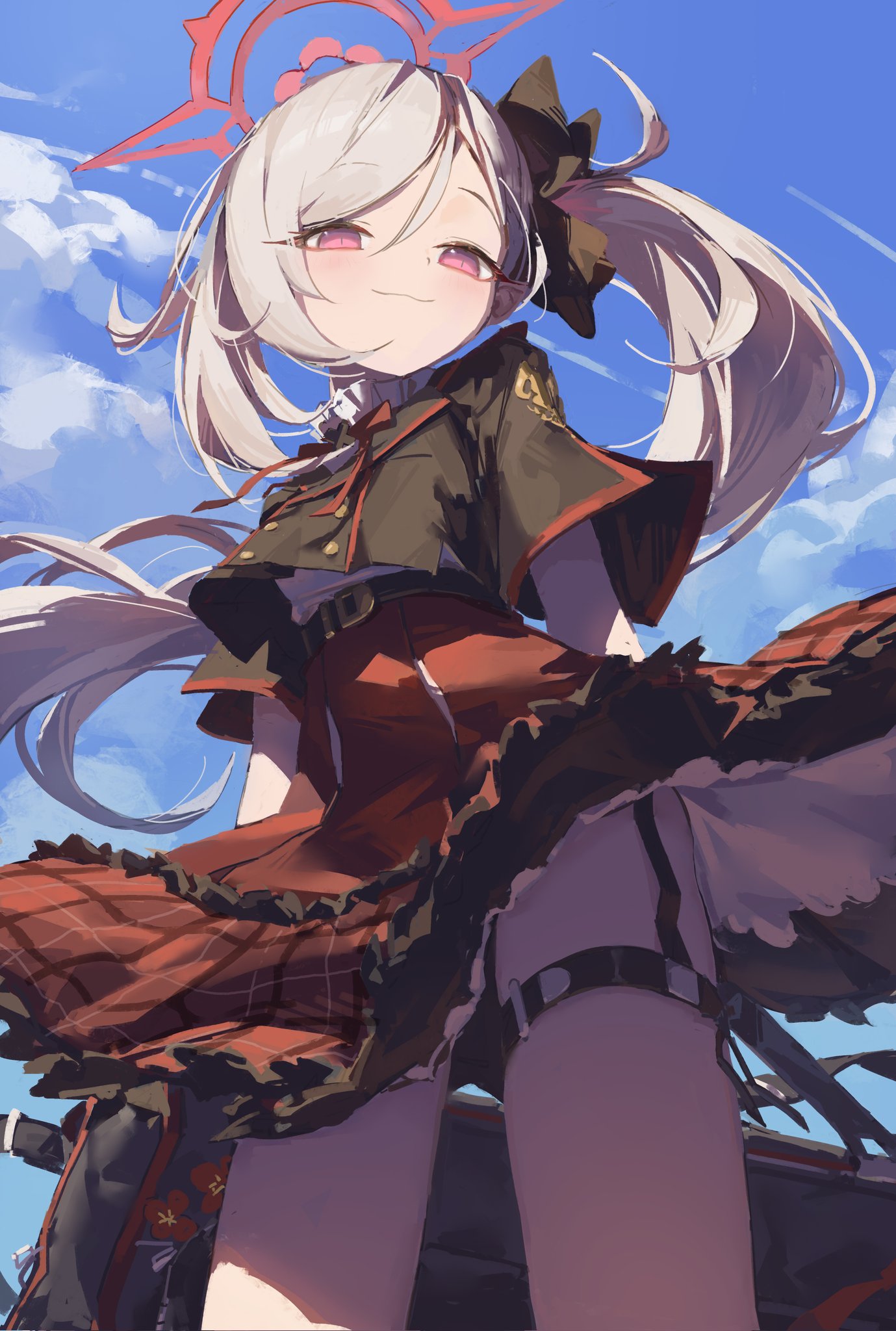 1girl, black_flower, black_scrunchie, black_vest, blue_archive, collar, collared_shirt, cowboy_shot, flower, frilled_collar, frilled_skirt, frills, grey_hair, hair_flower, hair_ornament, hair_scrunchie, halo, highres, large_bag, long_hair, loong_(loong_blo), mesugaki, mutsuki_(blue_archive), pointy_ears, ponytail, problem_solver_68_(blue_archive), red_halo, red_skirt, scrunchie, shirt, short_sleeves, side_ponytail, skirt, smug, solo, vest, violet_eyes, white_shirt