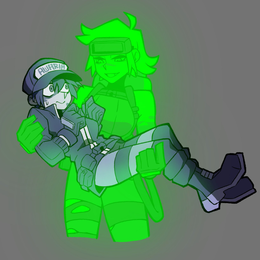 2girls, awaria, boots, carrying, commentary, cropped_legs, english_commentary, frown, full_body, ghost, ghost_girl, glowing, goggles, goggles_on_head, grey_background, highres, jacket, knew_nothing, looking_at_another, multiple_girls, nikita_naprava, princess_carry, short_hair, sidelocks, simple_background, ula_usterka, yuri