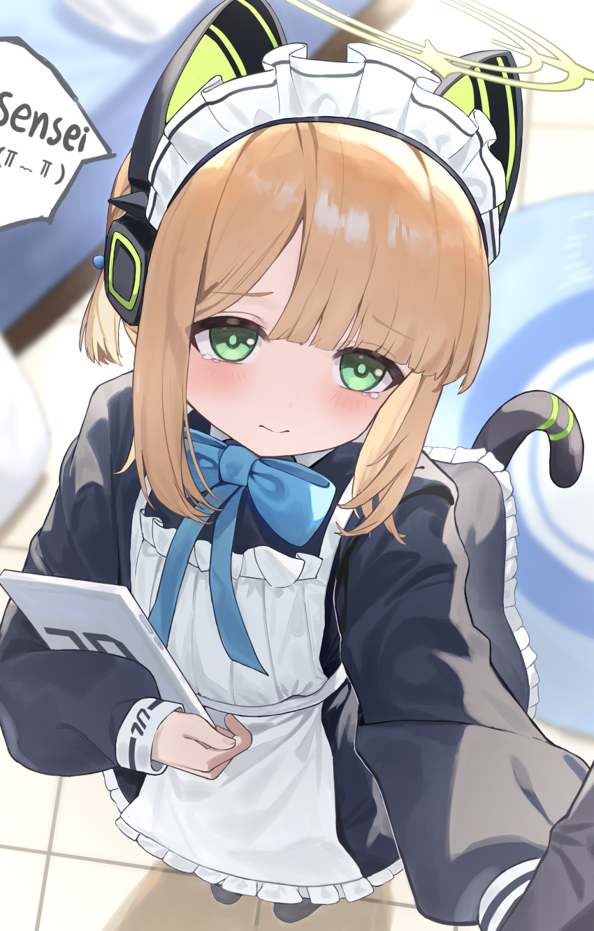1girl, absurdres, animal_ear_headphones, animal_ears, apron, black_dress, blonde_hair, blue_archive
