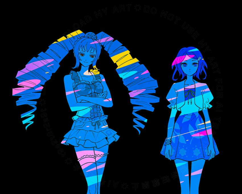 2girls, amou_june, arms_at_sides, black_background, blue_dress, blue_eyes, blue_hair, center_frills, closed_mouth, commentary, cropped_shirt, crossed_arms, dress, drill_hair, expressionless, feet_out_of_frame, frilled_skirt, frills, grey_hair, hair_ornament, highres, hirumeshi_(t9e2t8r2a9t), long_hair, looking_at_viewer, miniskirt, multiple_girls, pretty_rhythm, pretty_rhythm_rainbow_live, pretty_series, red_eyes, rinne_(pretty_rhythm), shirt, short_hair, skirt, sleeveless, sleeveless_shirt, smile, standing, swept_bangs, symbol-only_commentary, thigh-highs, twin_drills