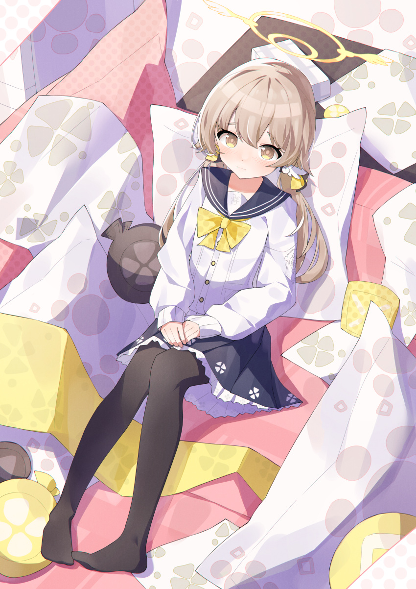 1girl, absurdres, anleewind, black_pantyhose, blue_archive, blush, bow, bowtie