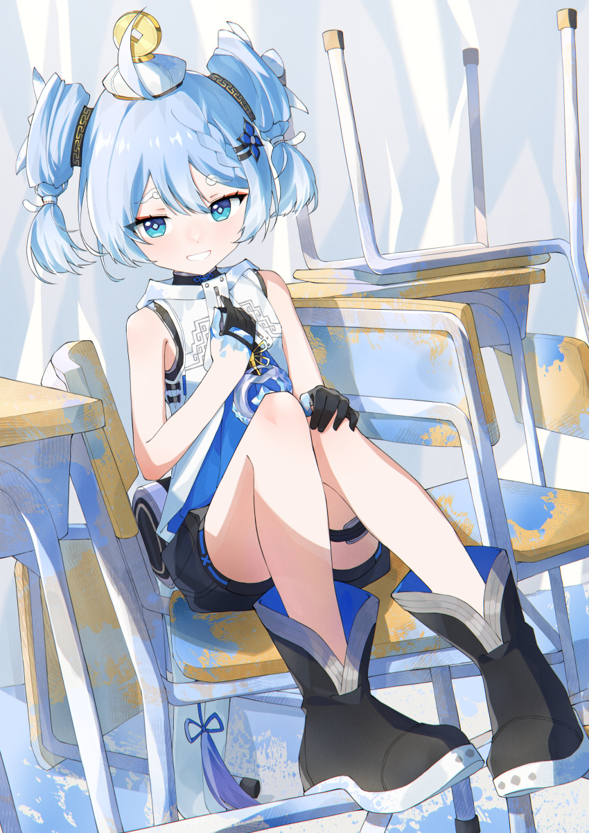 1girl, absurdres, ahoge, anleewind, black_footwear, black_gloves, black_shorts, blue_eyes