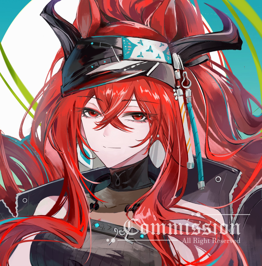 1girl, absurdres, arknights, bare_shoulders, black_headband, black_jacket, black_shirt, blue_background