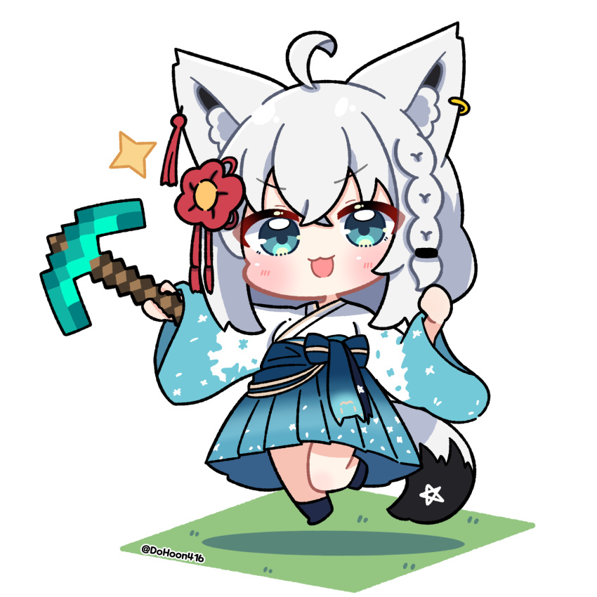 :3, ahoge, animal_ear_fluff, animal_ear_piercing, animal_ears, braid, chibi, dohoon, fox_ears, fox_girl, fox_tail, gradient_clothes, gradient_kimono, hair_ornament, highres, holding, holding_pickaxe, hololive, japanese_clothes, jumping, kimono, minecraft_pickaxe, pickaxe, shirakami_fubuki, shirakami_fubuki_(new_year), single_braid, tail, v-shaped_eyebrows, virtual_youtuber, white_hair